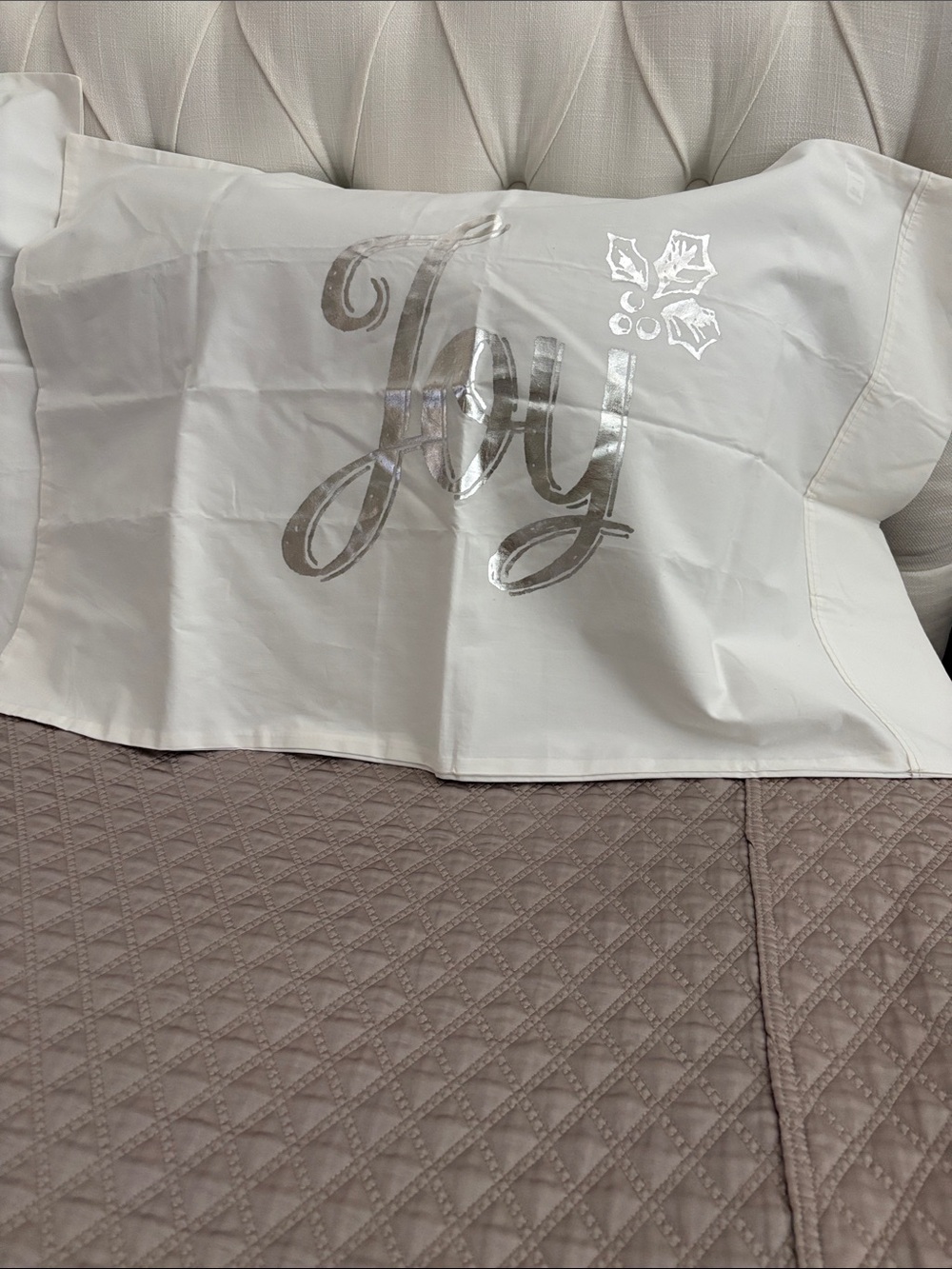 NEW—World Market Set of 2 Standard/Queen White Pillowcases with “Peace”& “Joy” - Picture 3 of 6
